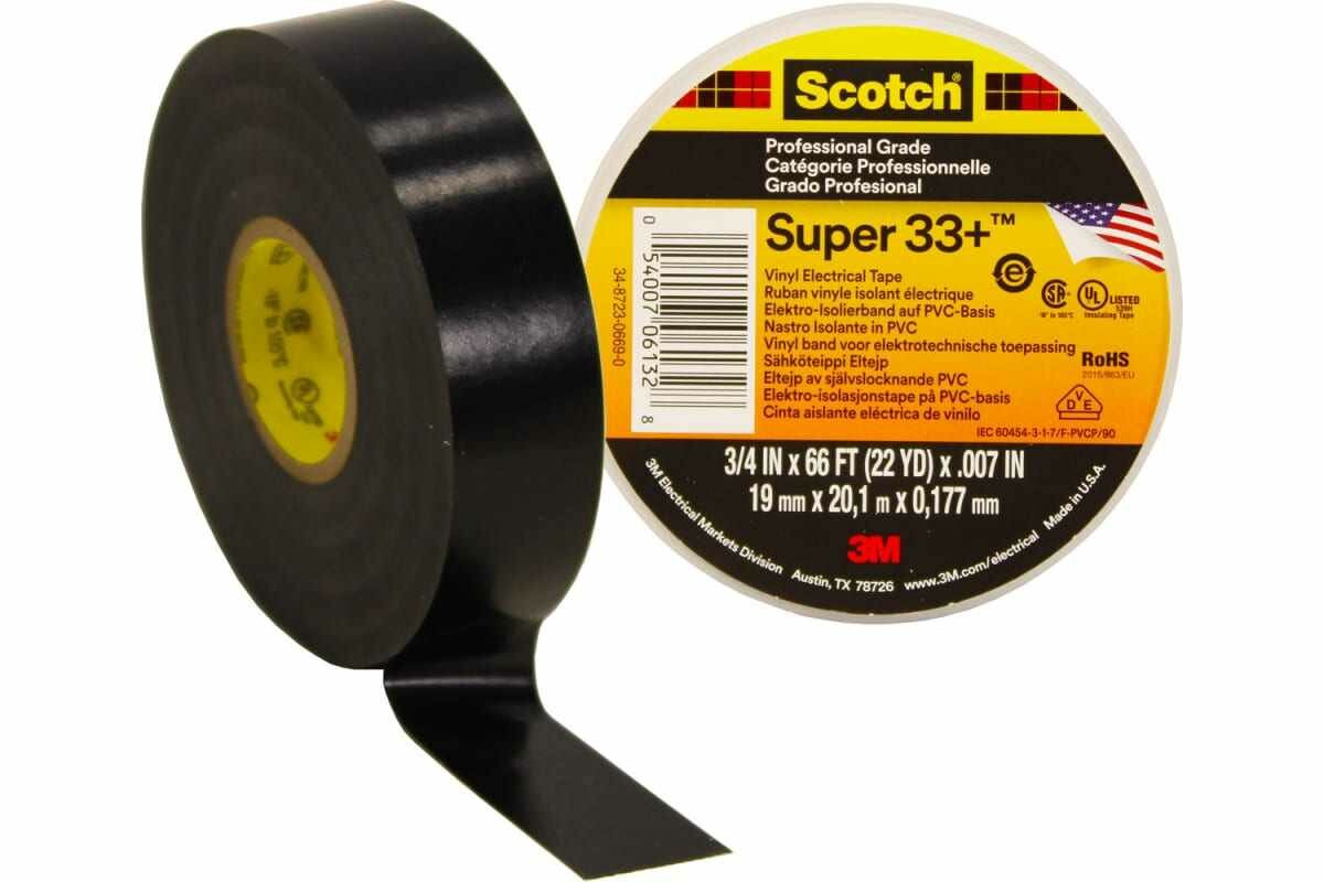 Изоляционная лента высшего класса 3М Scotch Super 33+ 19мм х 20м х 0,18мм 7000042541