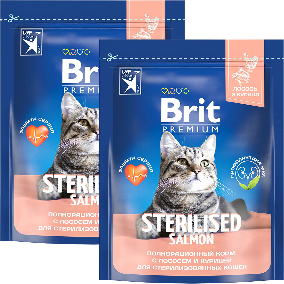 BRIT PREMIUM CAT STERILISED SALMON & CHICKEN для взрослых кастрированных котов и стерилизованных кошек с лососем и курицей (0,4 + 0,4 кг)