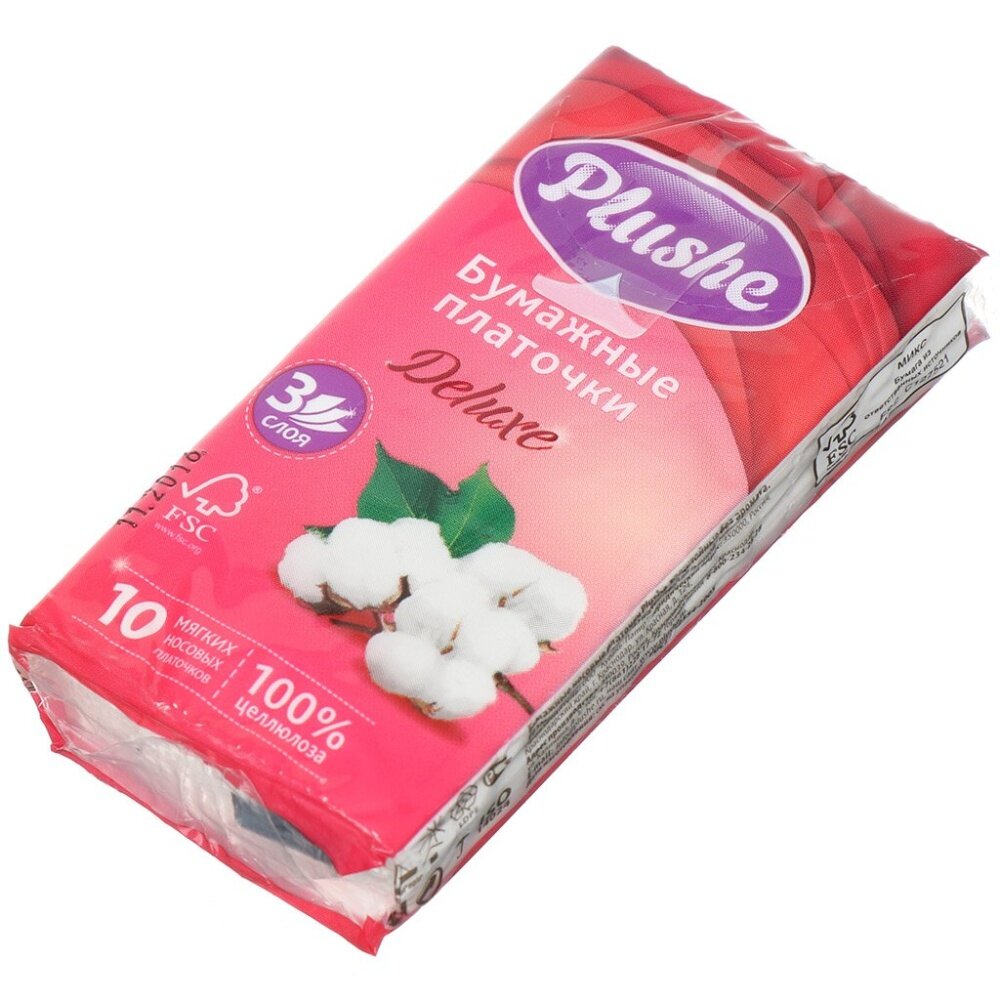 Платочки бумажные Plushe Deluxe Standart 3слоя 10листов10 в упаковке28 упаковок в коробе 5066П Артикул 4100013254