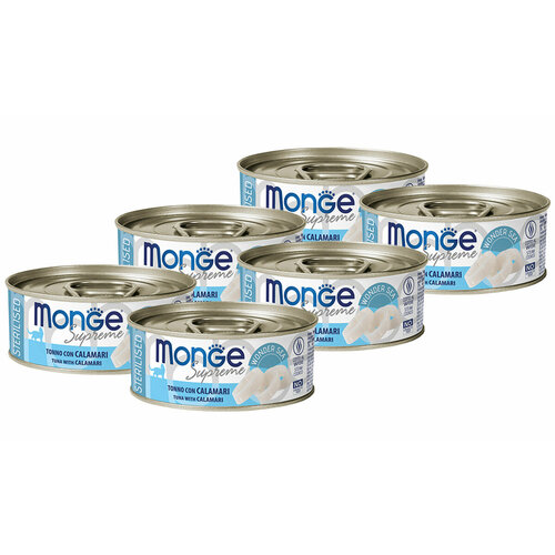 MONGE SUPREME CAT STERILISED для взр кастрир котов и стерил кошек с тунцом и кальмаром банка 80 гр 80 гр х 6 шт