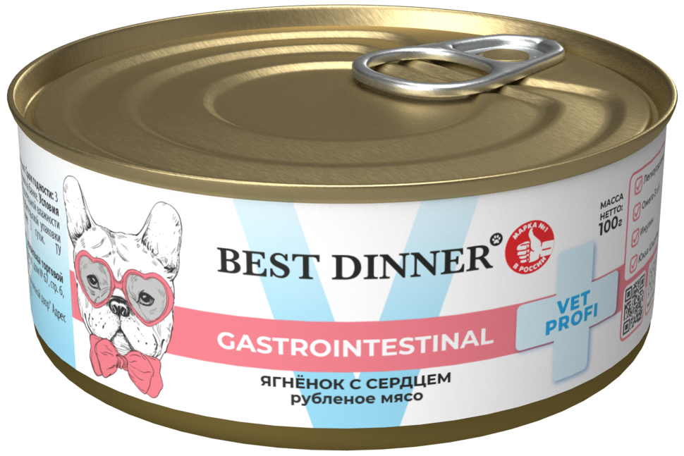 Best Dinner Exclusive Gastro Intestinal консервы для собак при проблемах пищеварения с ягненком и сердцем - 100 г х 12 шт