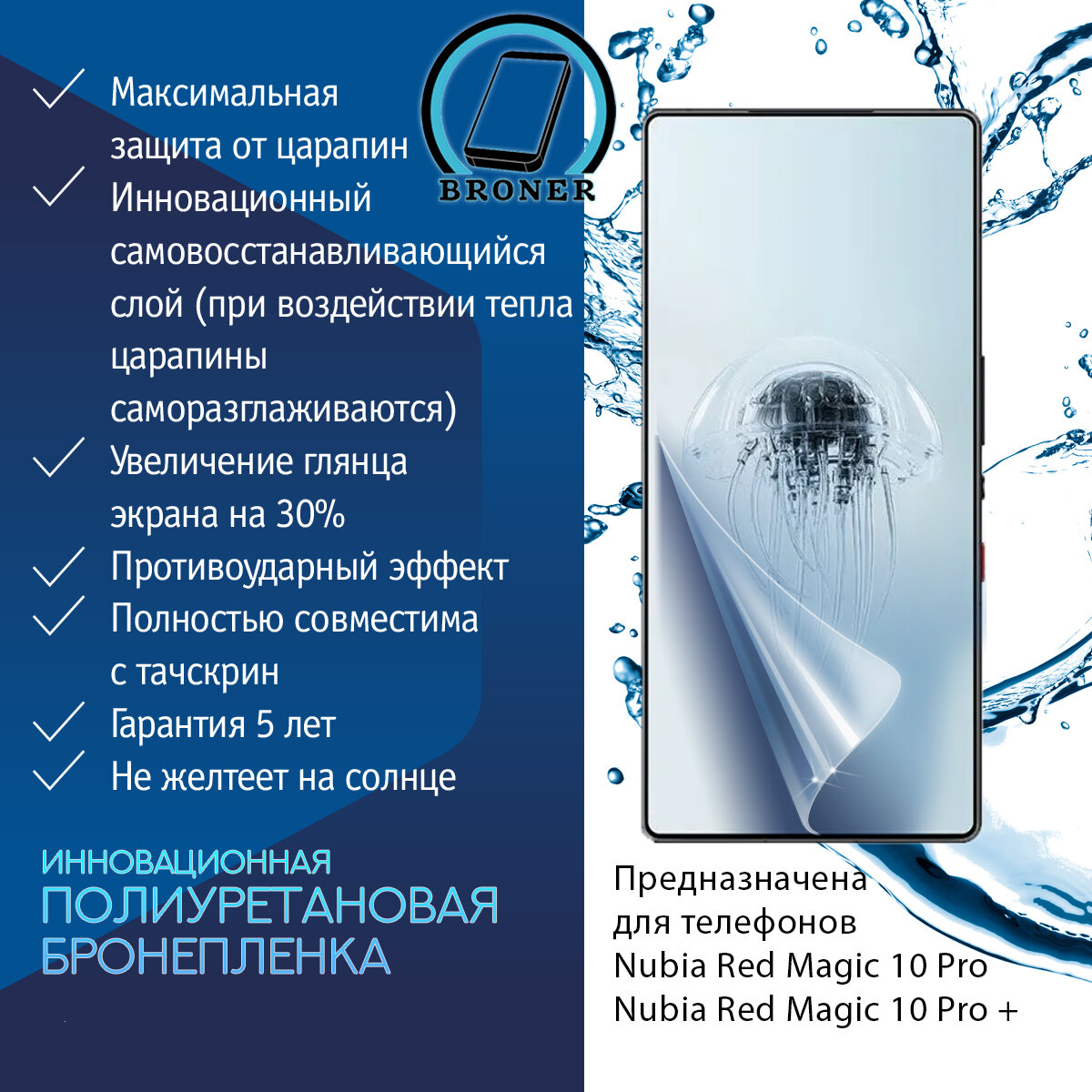 Полиуретановая бронепленка для ZTE Nubia Red Magic 10(s) Pro, Pro+, Air / Защитная плёнка на экран, совместима с чехлом, с вырезом под камеру / Глянцевая — фото 1