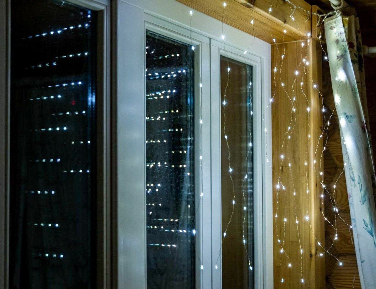 Световой занавес роса мерцающий, 100 холодных белых мини LED-огней (20% флеш), 1х1+3 м, SNOWHOUSE CLLDM100-W-F-4,5V