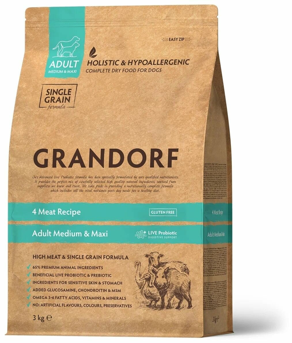 GRANDORF PROBIOTIC MEDIUM&MAXI Корм для собак средних и крупных пород 4 вида мяса с рисом 3 кг — фото 1
