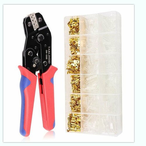 Кримпер 0.25-1.5мм с храповым механизмом и набором клемм в пластиковом кейсе.
