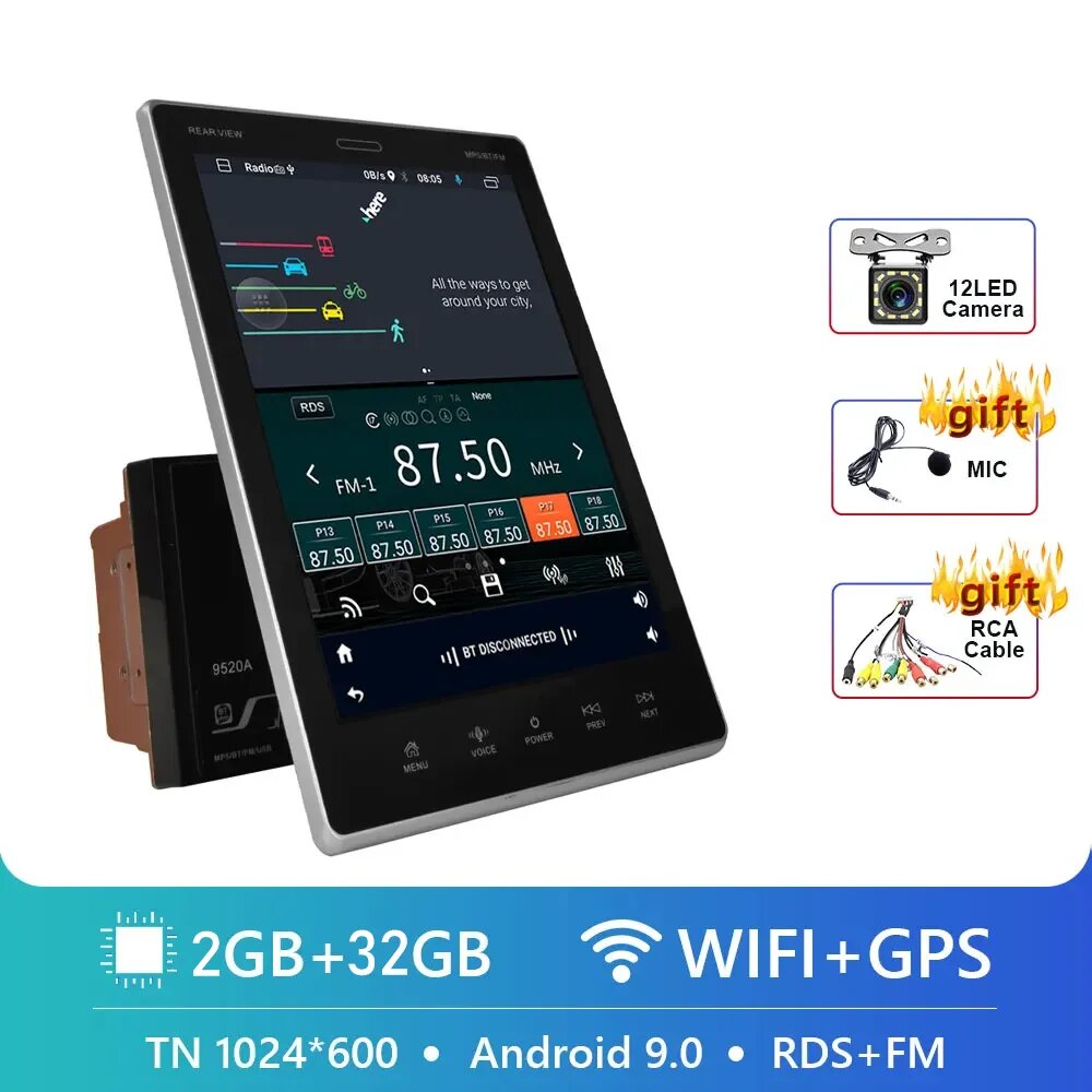 Автомагнитола Podofo, 2 Din, Android, GPS, 9,5 дюйма, вертикальный экран, With LED CAM