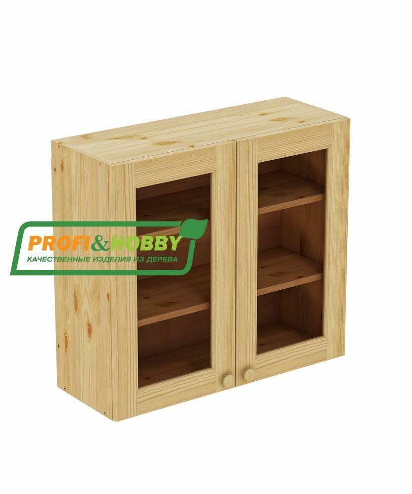 Настенный модуль для кухни 80х30х72 см / шкаф 2 двери со стеклом / 100% массив сосны бесцветный лак