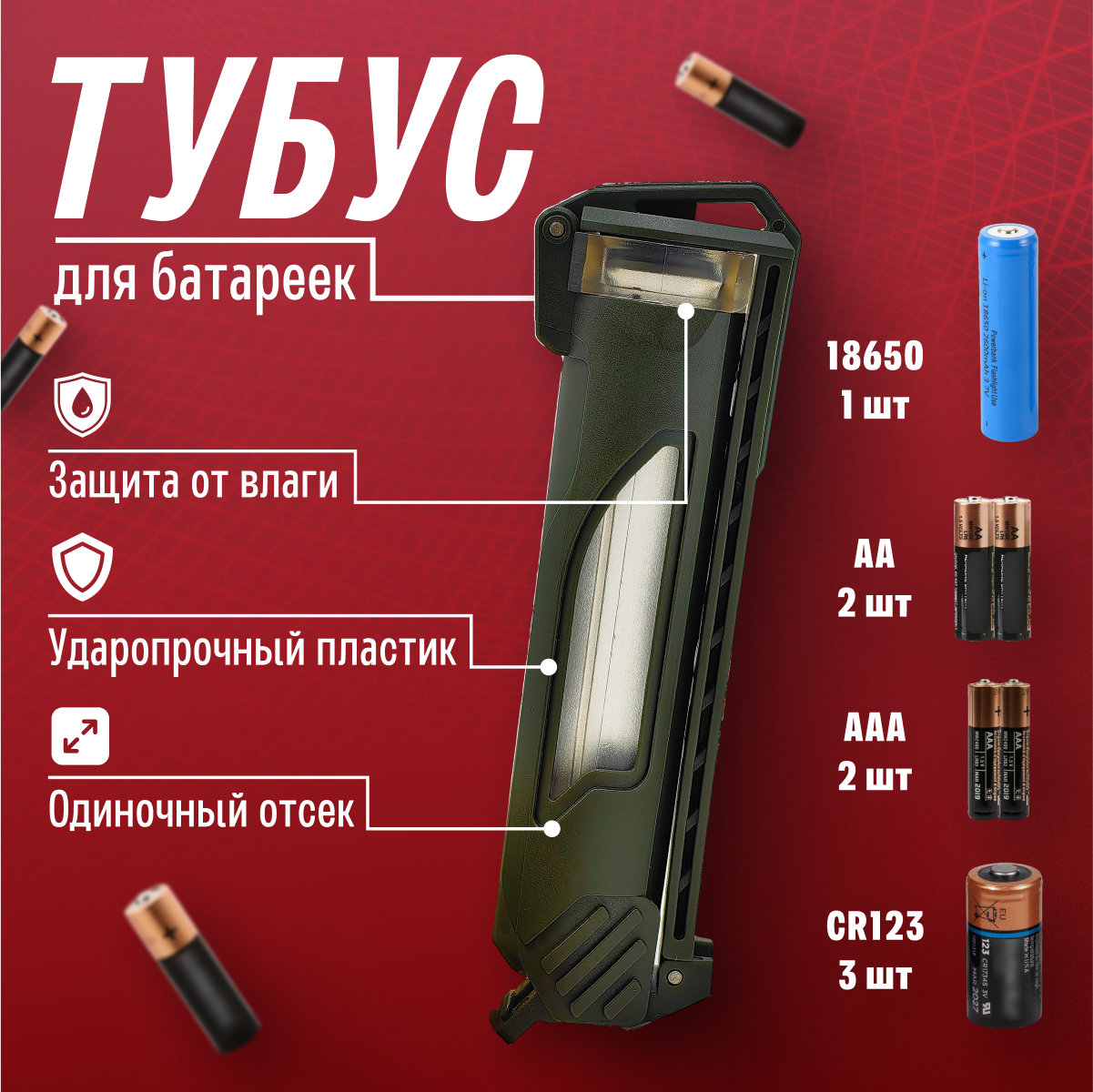 Защитный футляр, тубус, бокс, кейс для хранения батареек и аккумуляторов (оливковый)