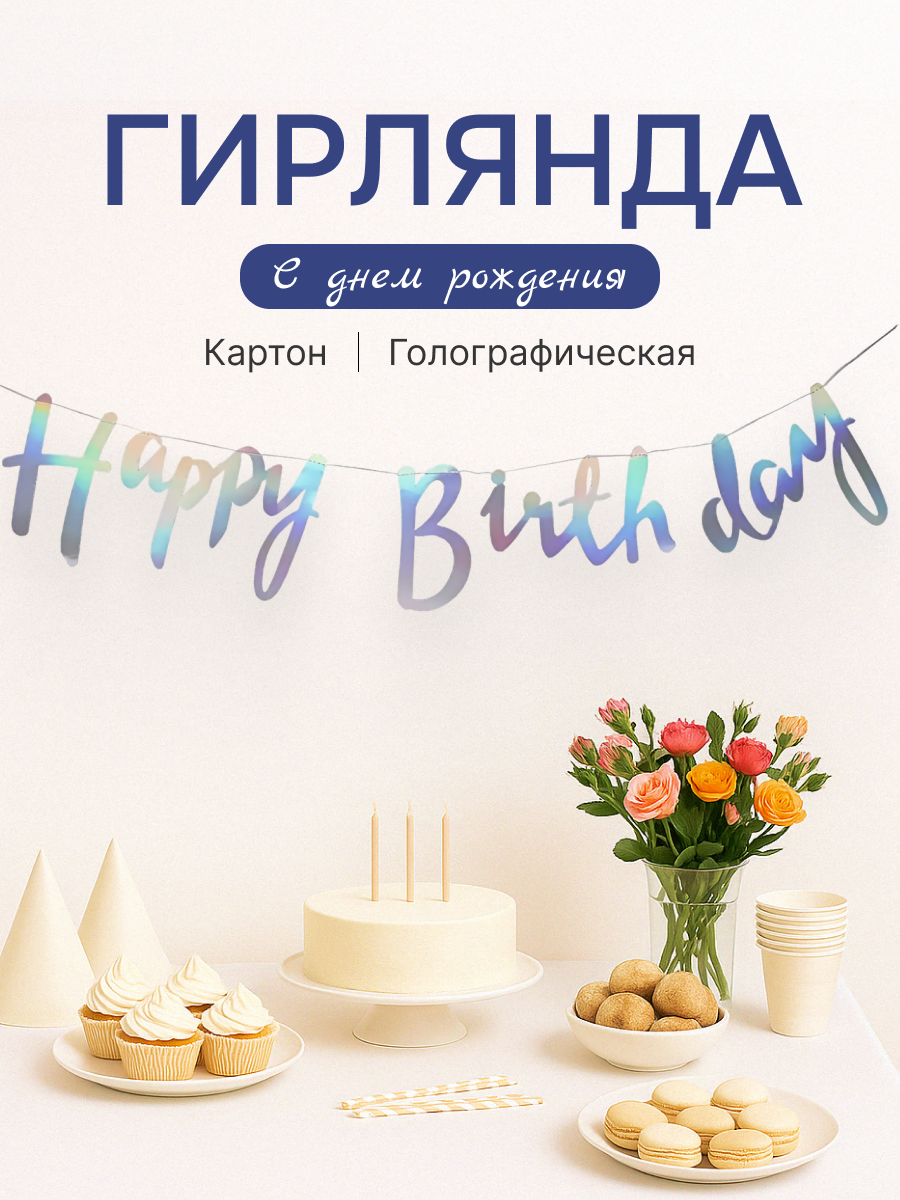 Гирлянда голографическая Happy Birthday (С днем рождения) бумажная растяжка