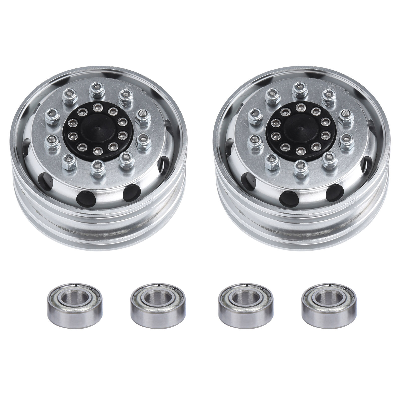 2pcs Beadlock Wheels Aluminum Alloy Micro Crawler Tires with Bearings for 1/14 RC Car Trailer Container Truck