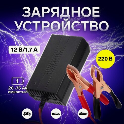 Изображение товара Зарядное устройство для АКБ автомобиля, 12 В, 1,7 А, 220 В, автомат, медные крокодилы