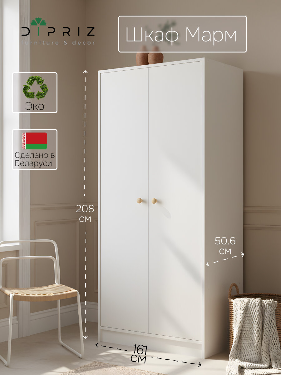 Шкаф распашной двухдверный Марм для одежды детский, с деревянной штангой