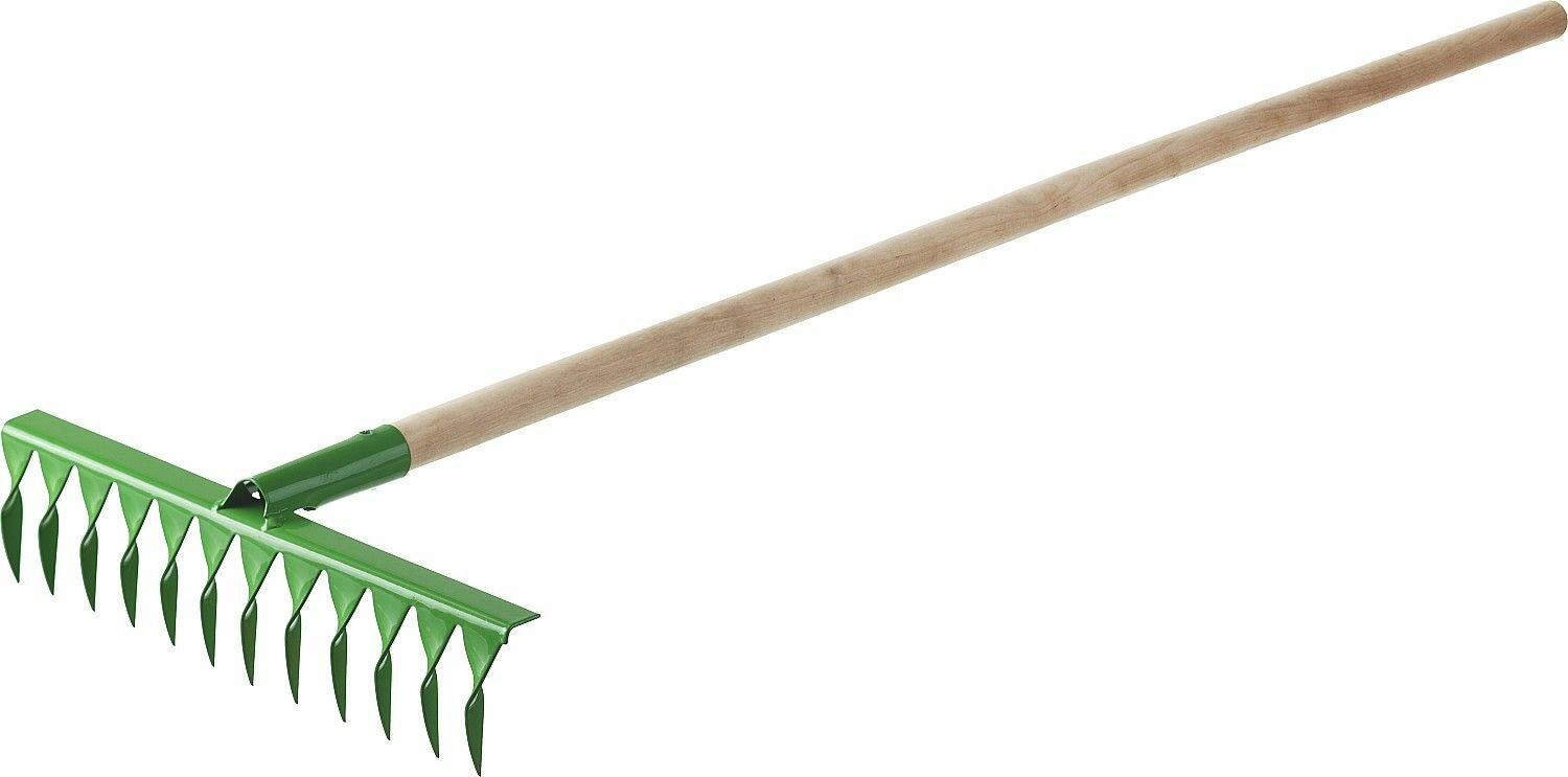 Грабли росток 430x100x1500 мм сталь покраска деревянный черенок высш. сорт 14 зубьев 421900-14