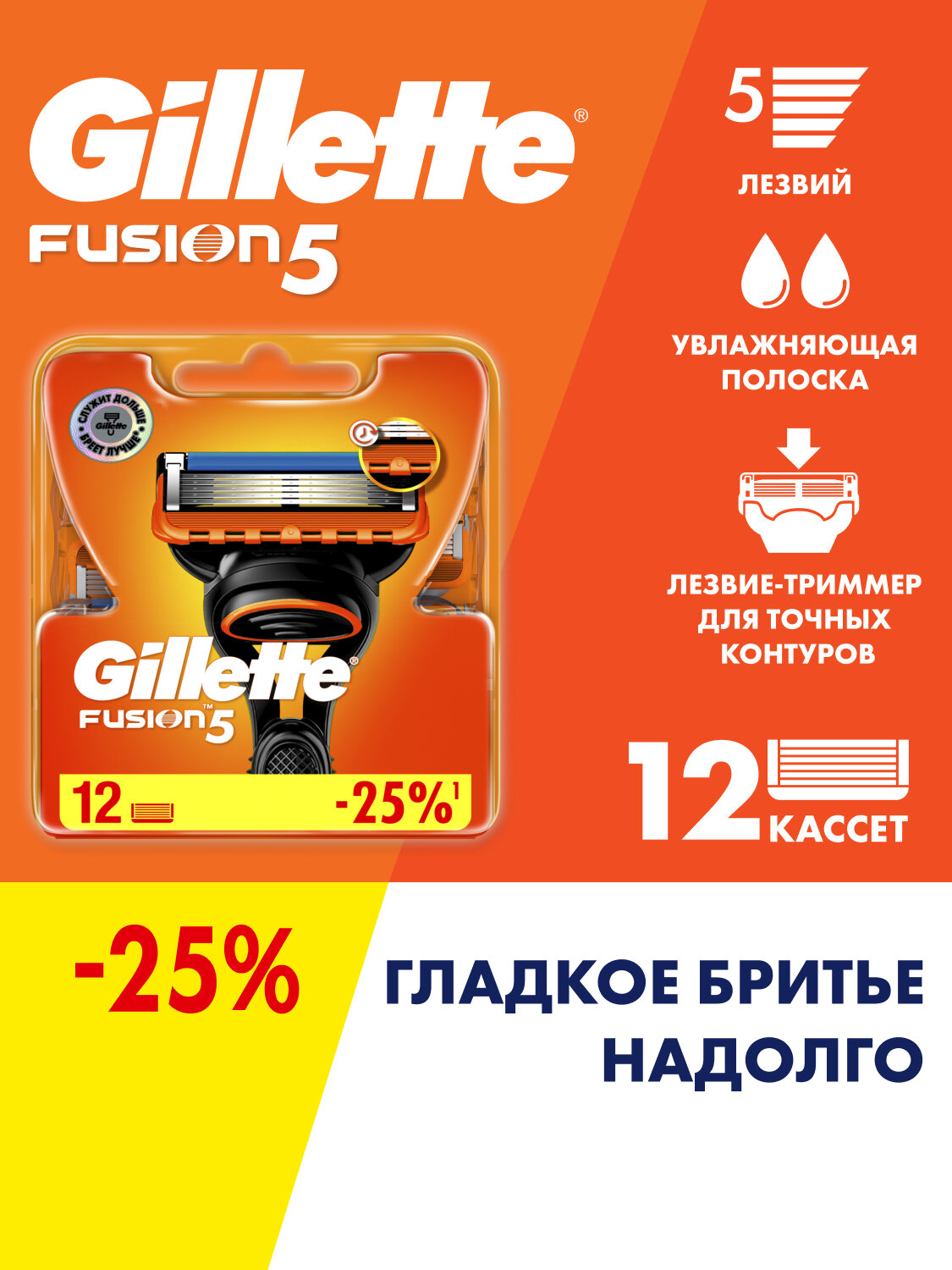 GILLETTE Fusion 5 Сменные кассеты для бритья с 5 лезвиями, мужские, 12 шт
