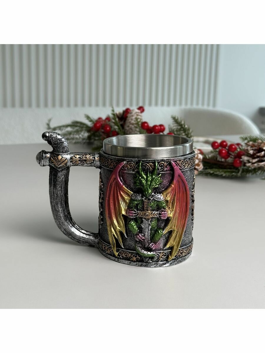 фото Кружка мужская Дракон цветной из нержавеющей стали 450мл