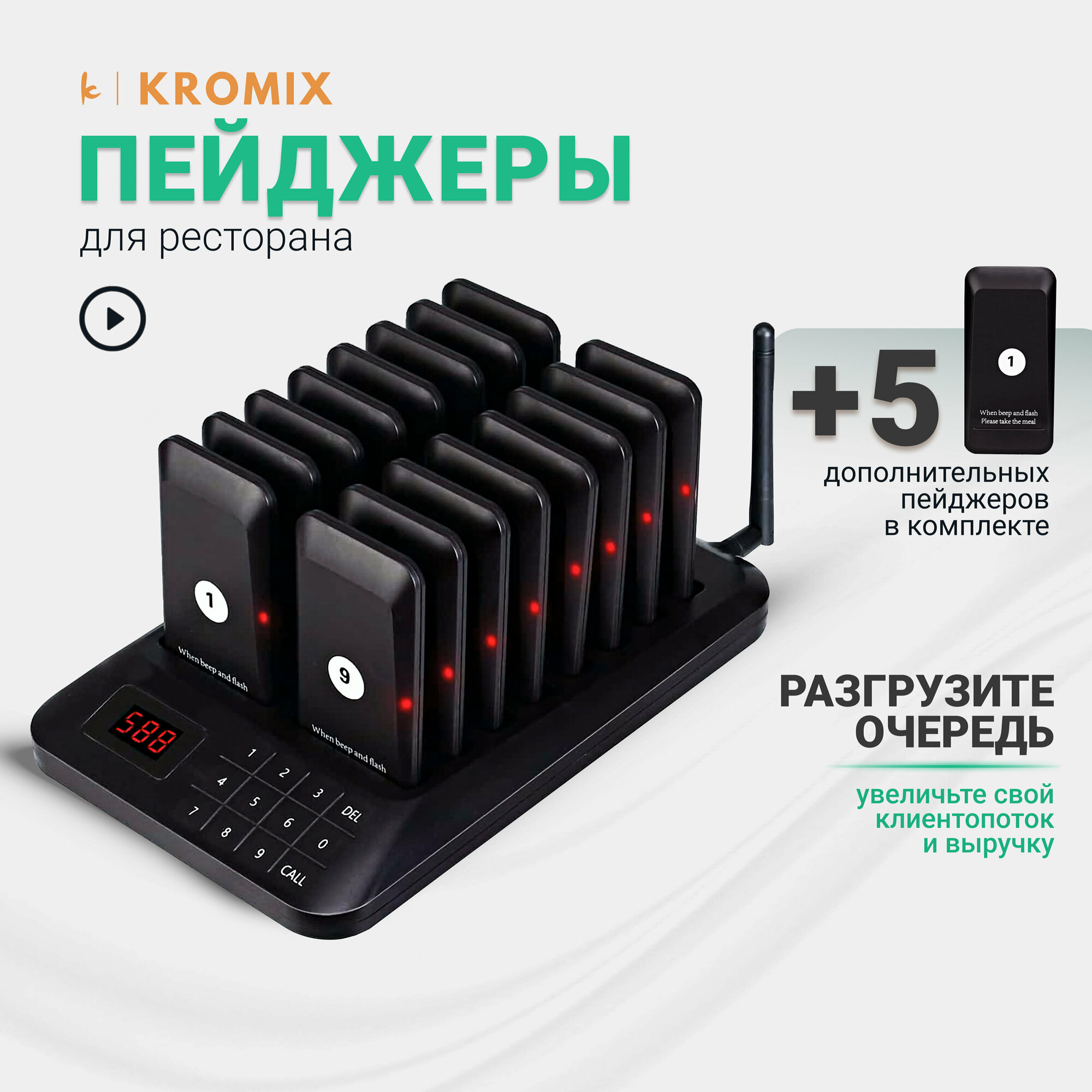 Пейджинговая система Kromix R22157B из 16 основных и 5 запасных пейджеров, чёрная, радиус действия 300 м, пейджеры для ресторанов