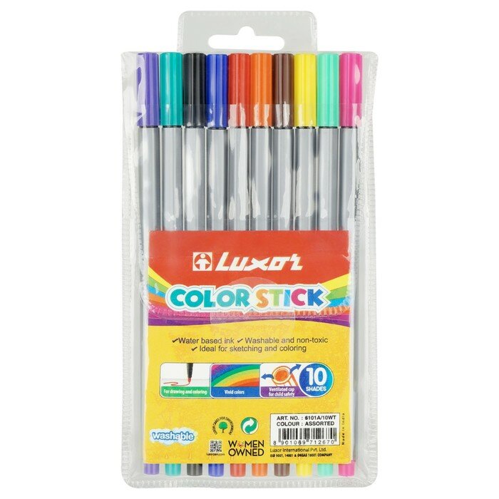 Luxor Фломастеры 10 цветов Luxor Color Stick", смываемые, ПВХ, с европодвесом