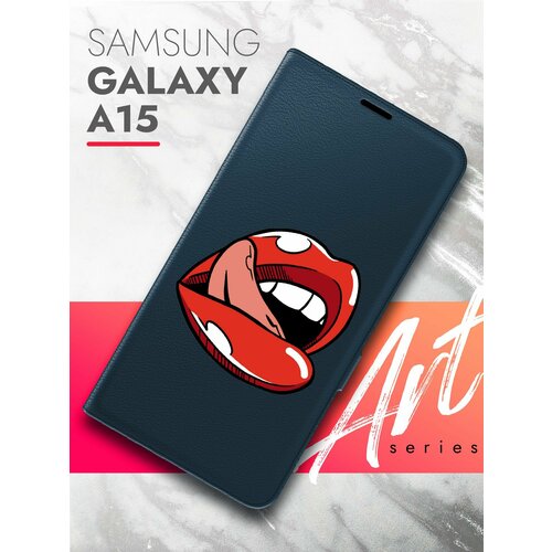 Чехол на Samsung Galaxy A15 (Самсунг Галакси А15) синий книжка эко-кожа подставка отделение для карт магнит Book case, Brozo (принт) Губы чехол на samsung galaxy a15 самсунг галакси а15 синий книжка эко кожа подставка отделение для карт магнит book case brozo принт панда сердце