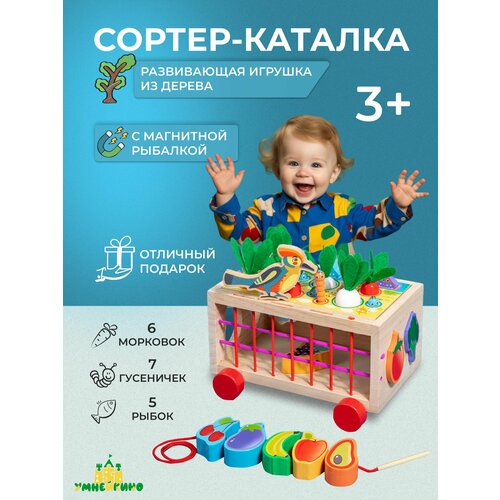 Каталка-сортер и магнитная рыбалка Птичка на лужайке