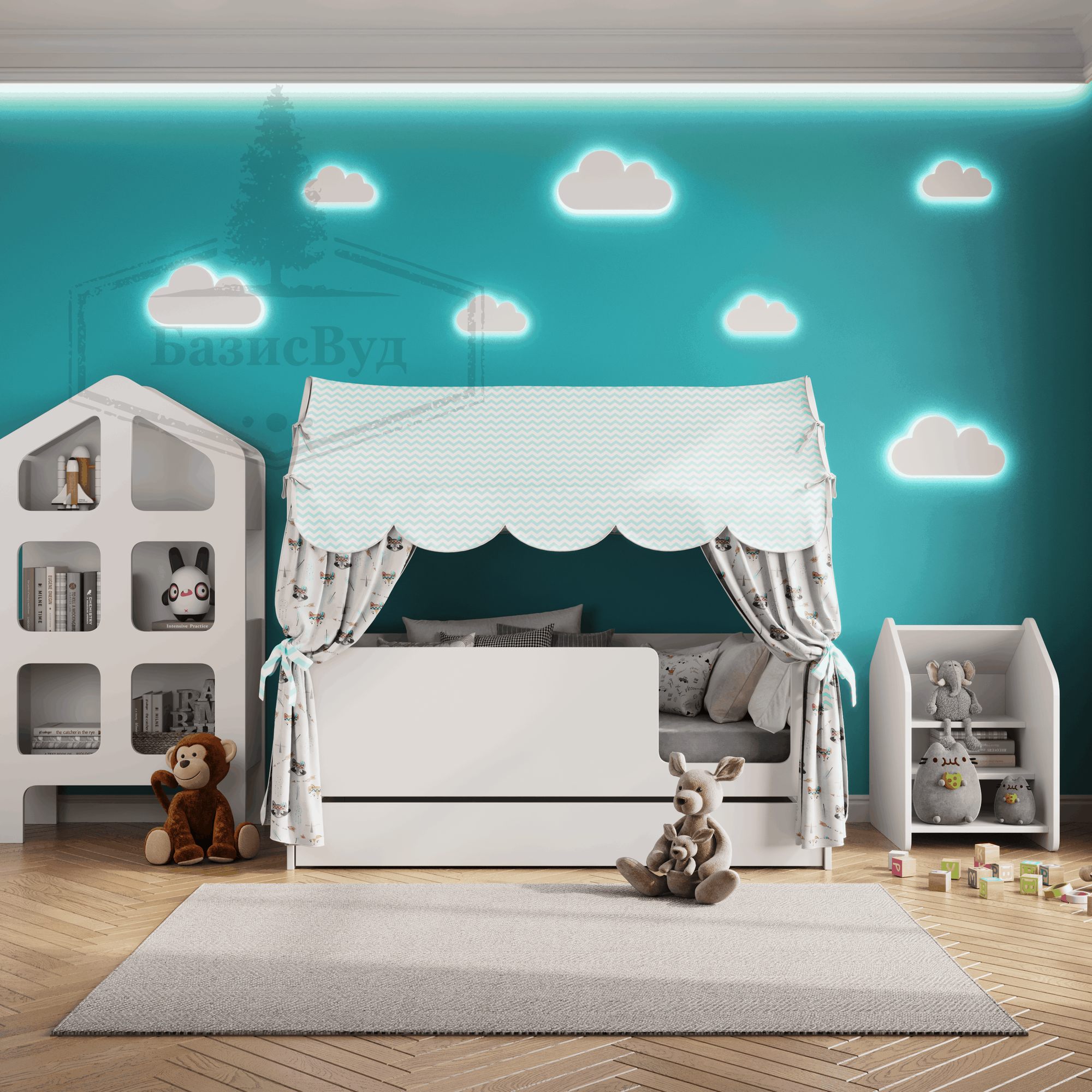 Кровать детская домик с текстилем и ящиком (светлый, со зверятами, вход справа) "Базовый"