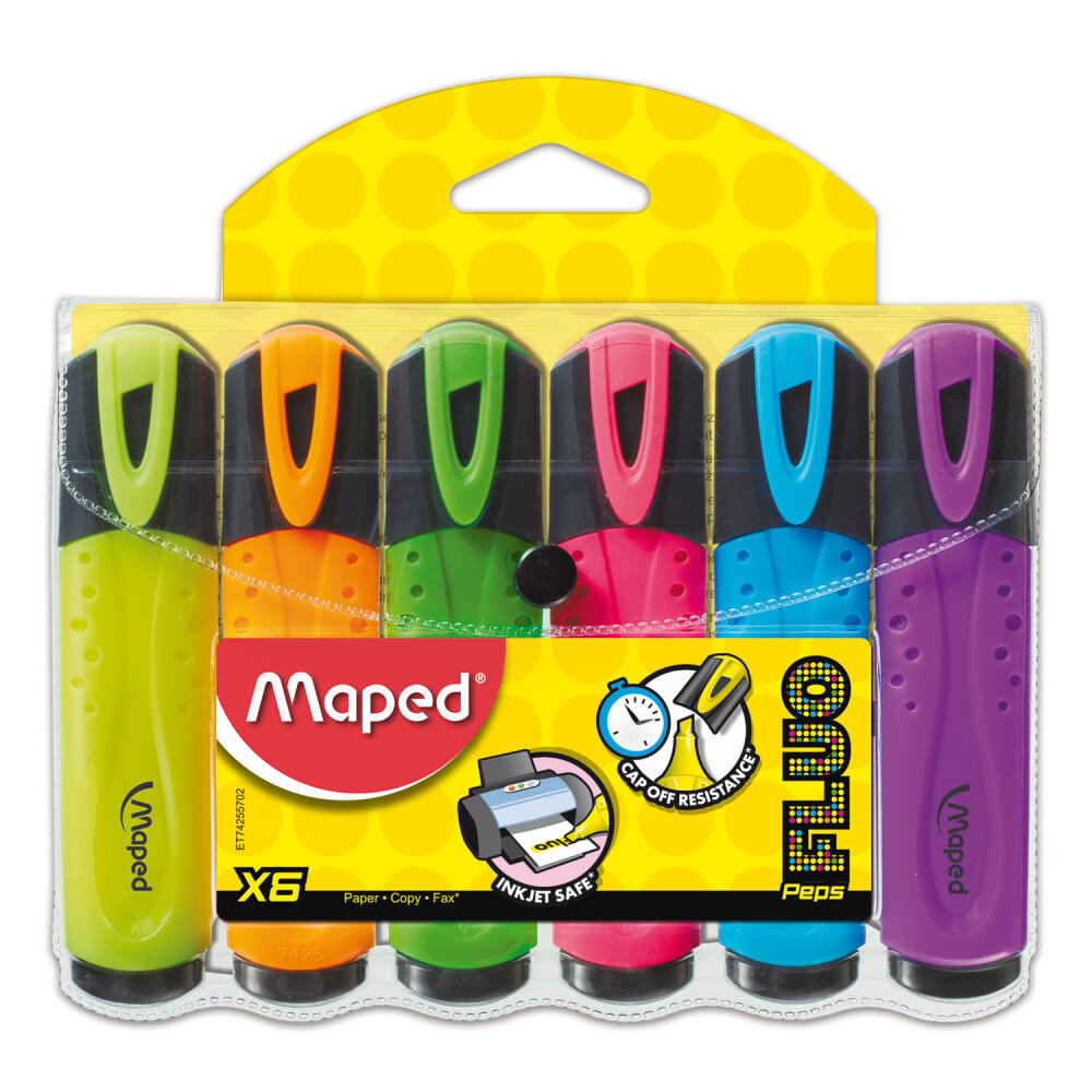 Набор текстовыделителей MAPED (Франция) 6 шт, ассорти, "Fluo Pep's Classic", линия 1-5 мм, 742557 упаковка 2 шт.