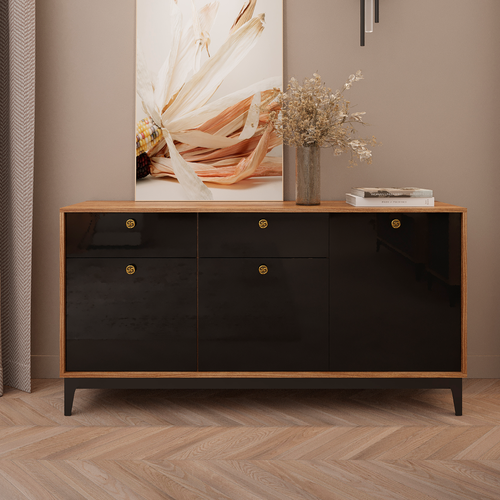 Широкий комод с полками и выдвижными ящиками HomeGrad BS-1 Каштанчерный глянец 33774₽