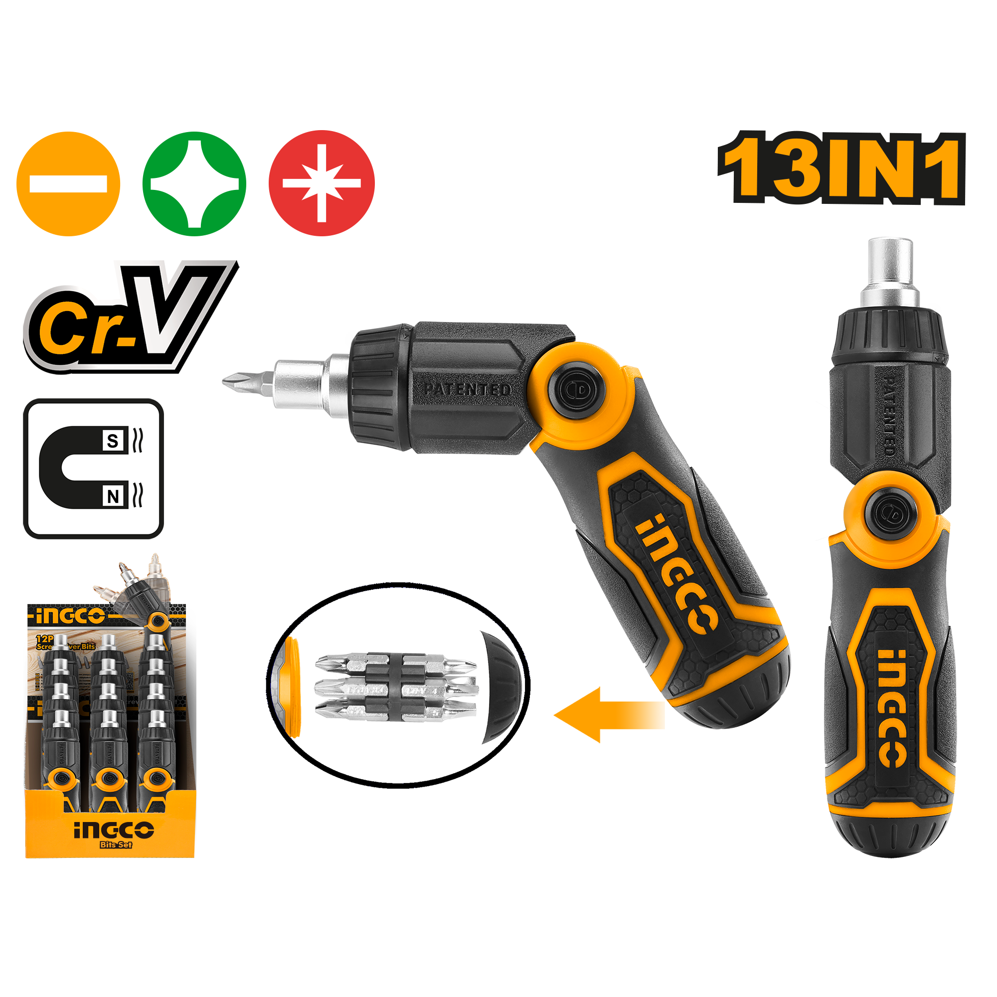 Отвертка с трещеткой и битами 13 в 1 INGCO AKISD1208