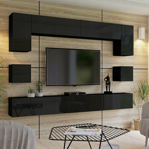 Изображение товара Стенка в гостиную "Равенна 4" 280х200х32, черный / черный глянец