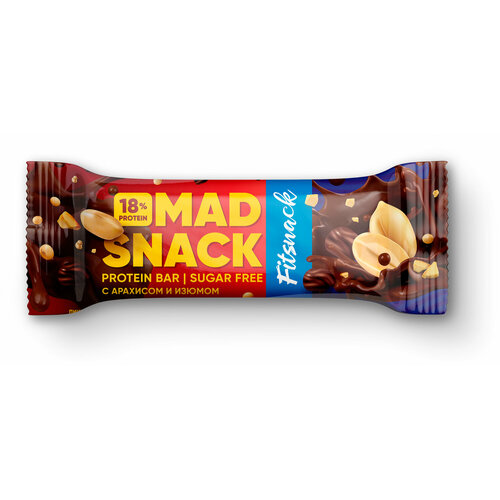 Протеиновый батончик FITSNACK Mad Snack, С арахисом и изюмом (12шт по 45г) kick арахисовый батончик с изюмом и черносливом в карамельном шоколадеу кики 45г