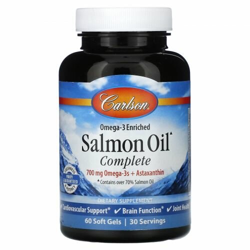 Carlson, Salomon Oil Complete, Omega-3s + Astaxanthin, Обогащенный омега-3 жир лосося 350 мг, 60 мягких таблеток