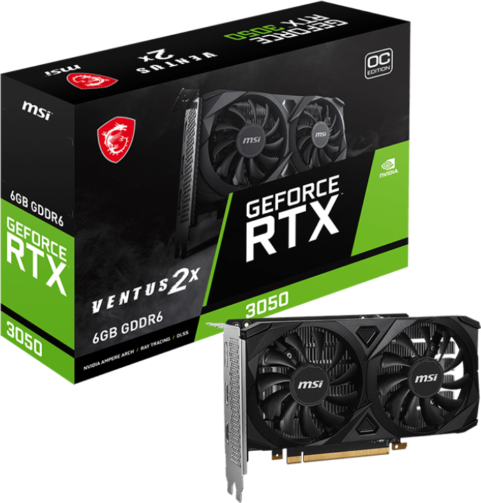 Видеокарта MSI PCI-E 4.0 RTX 3050 VENTUS 2X 6G OC NVIDIA GeForce RTX 3050 6Gb 128bit GDDR6 1807/14000 HDMIx1 DPx3 HDCP Ret