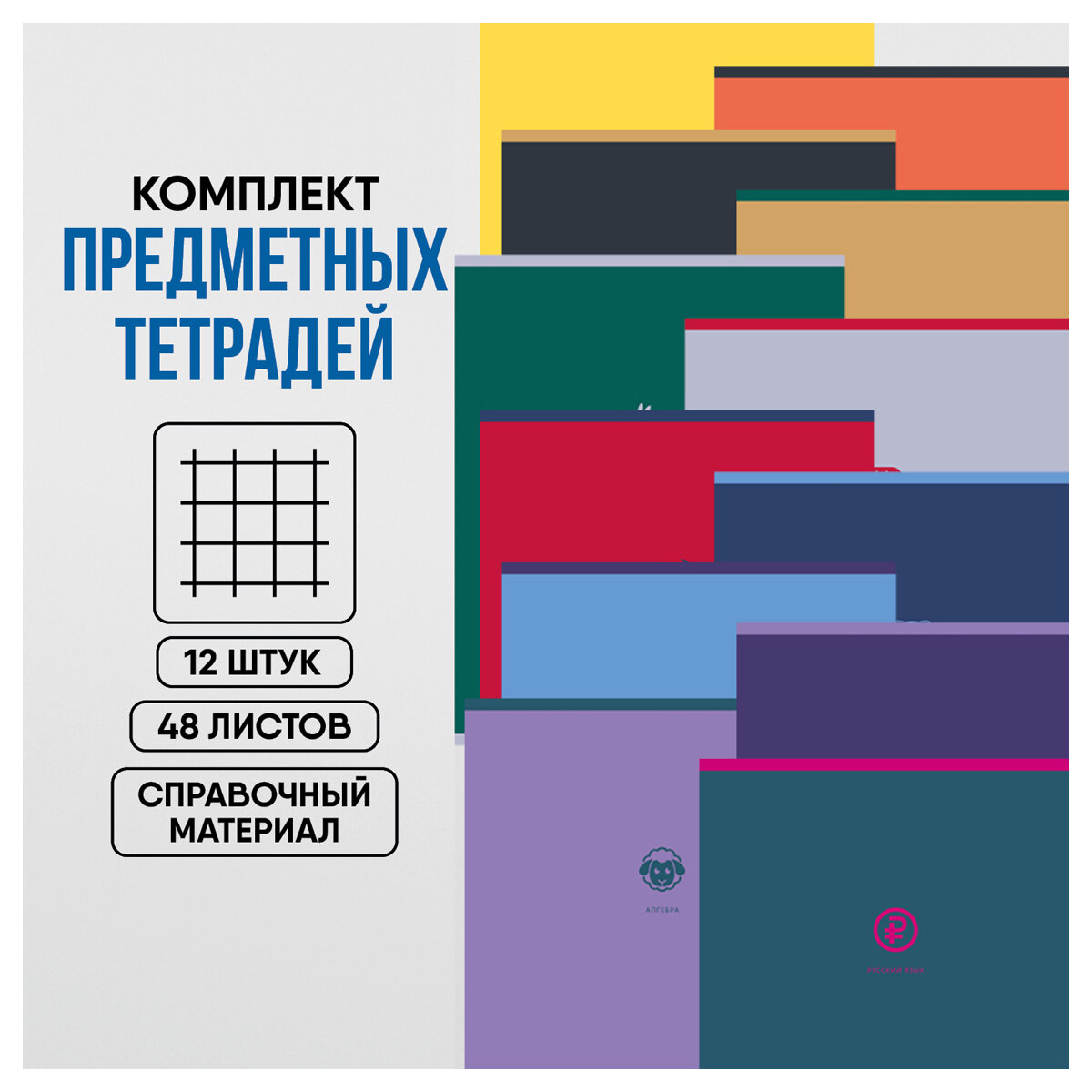 Тетради предметные А5 в клетку/линейку BG "Monocolor. Element" школьные 48 листов, комплект 12 штук — фото 1