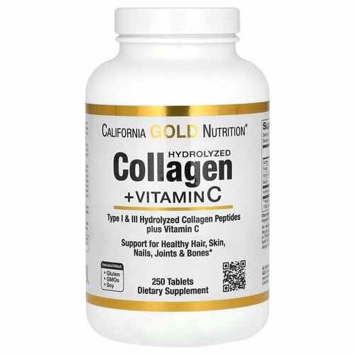 California Gold Hydrolyzed Collagen Peptides+Vitamin C Type 1&3 Type 250 таб бады для кожи волос и ногтей california gold nutrition пептиды гидролизованного коллагена с витамином c тип 1 и 3