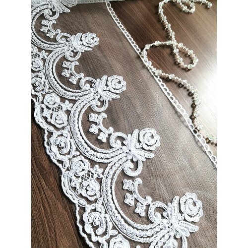 Кружево белое кордовое на сетке отрез 2 метра, ширина 16 см