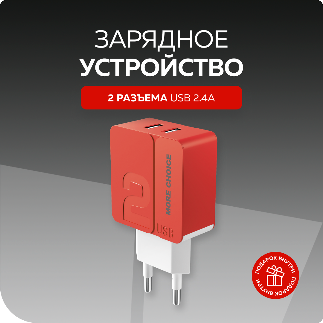 Сетевое зарядное устройство 2USB 2.4A More choice NC46 Red