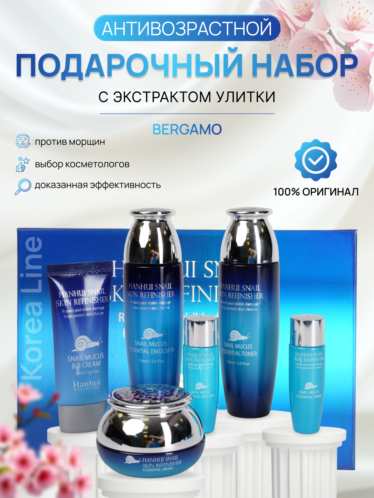 Антивозрастной набор для лица с экстрактом улитки BERGAMO Hanhui Snail Mucus Essential Refinisher Skin Care Set 4 pc