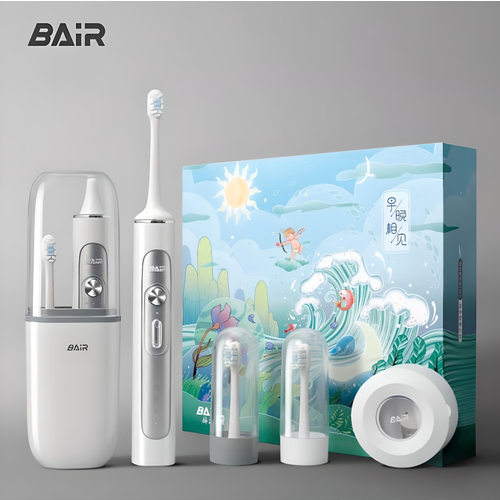 электрическая зубная щетка 5 насадок Электрическая зубная щетка BAIR, со стерилизатором, 6 насадок, 5 режима очистки, Белый