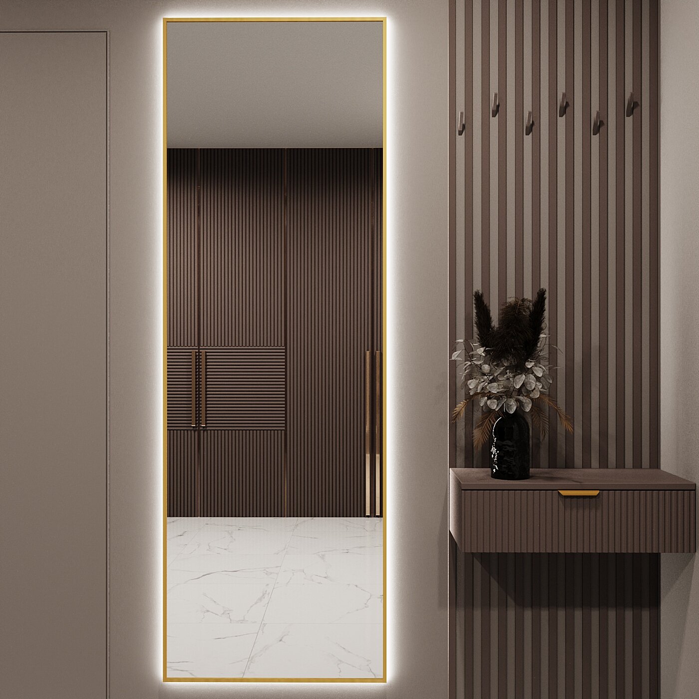 Зеркало с подсветкой в алюминиевой раме настенное Market-house 180х60 см. Свет: Нейтральный Белый 6000К. Золото