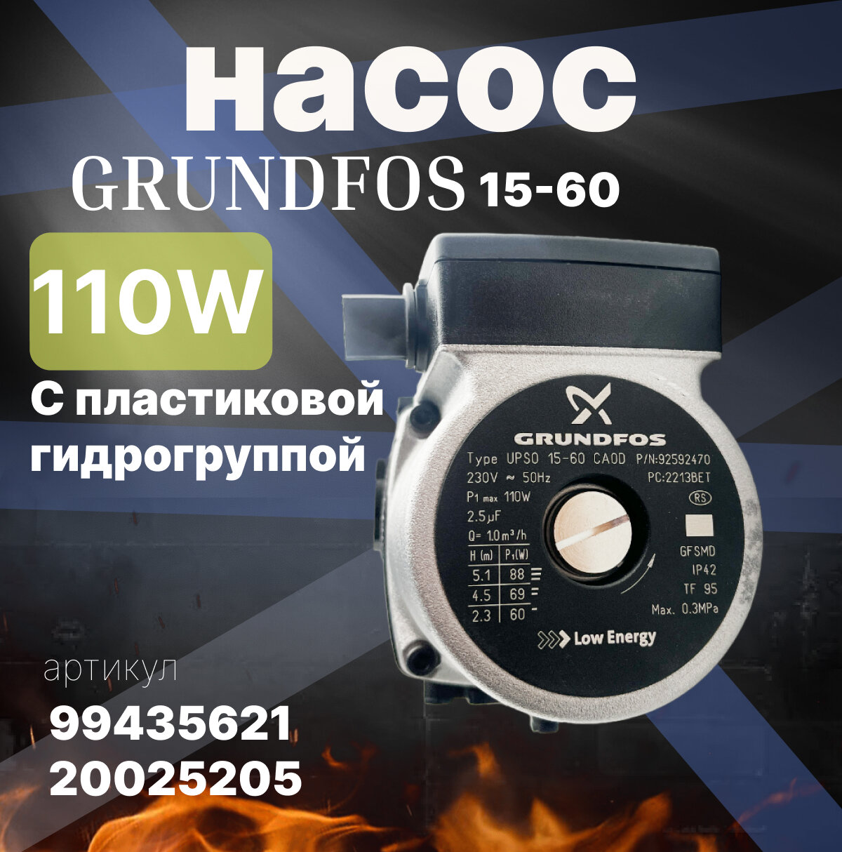 фото Насос GRUNDFOS 15-60, 110 W, с пластиковой гидрогруппой, 20025205, 99435621