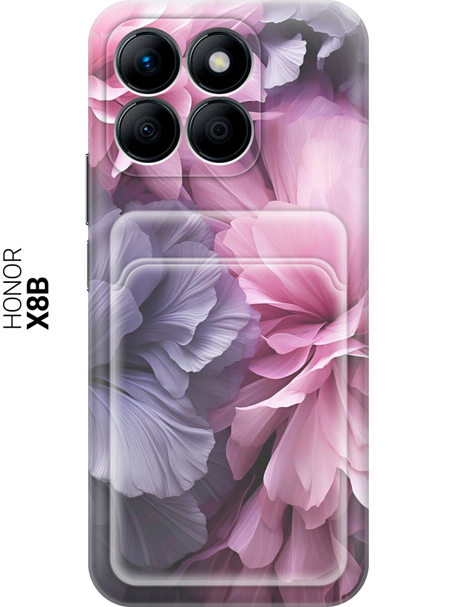 Силиконовый чехол на Honor X8b с принтом "Розово-фиолетовые цветы" с карманом для карты прозрачный