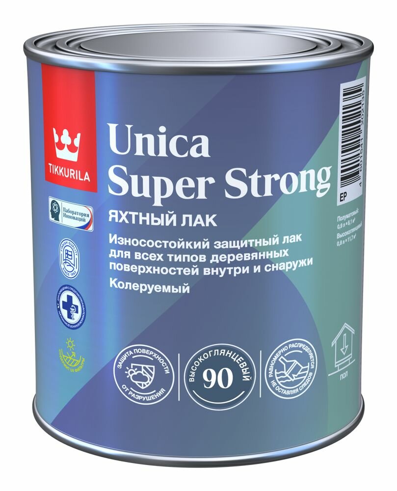 Лак яхтный Tikkurila Unica Super Strong База ЕР бесцветный полуматовый 0.9 л