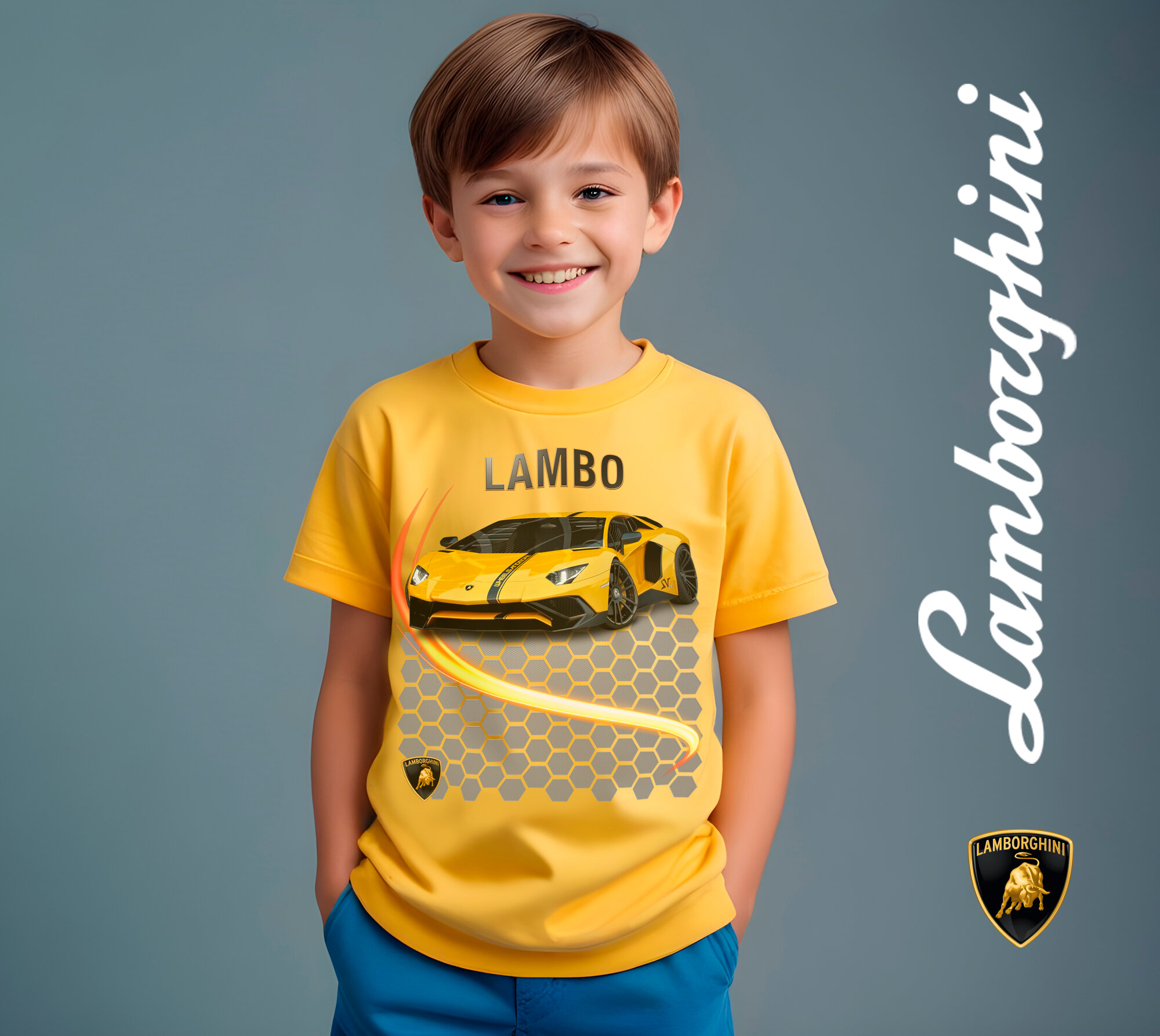Футболка CHASTE KIDS Ламборджини / Lamborghini Автомобили, размер 128, желтый