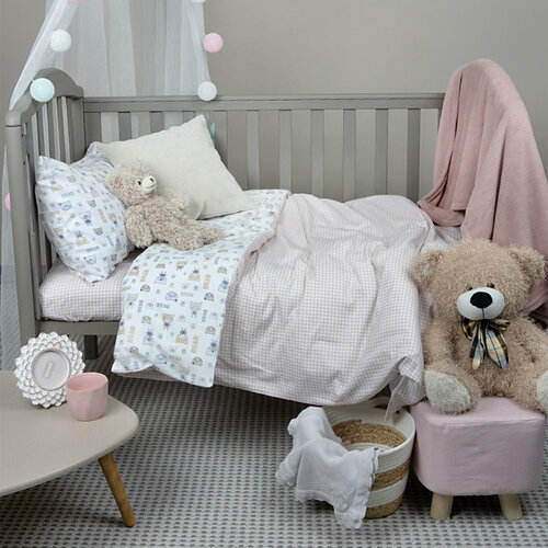 Комплект постельного белья в кроватку Galtex компаньон простыня на резинке: Полосатые мишки на белом фоне/Клеточка бежевый
