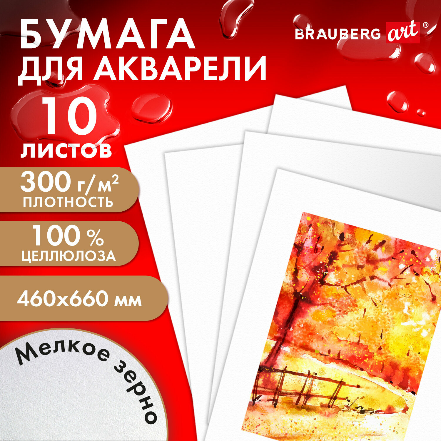 Бумага для акварели Brauberg ART PREMIERE 300 г/м2, 460x660 мм, мелкое зерно, 10 листов (113232) - фото №1