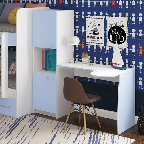 Компьютерный стол, со стеллажом, с пеналом, в кабинет, в детскую, Есэндвич Лаворо, 145x67,5х150 см, левый (Белый/Серенити)