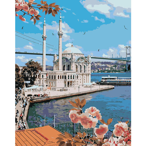 картина по номерам 40x50 на подрамнике цветы q2619 Картина по номерам Стамбул, Турция: мечеть Ортакёй, цветы