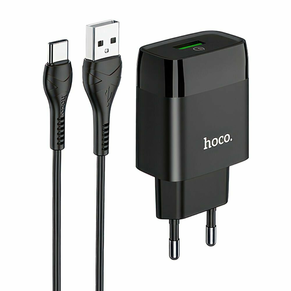 СЗУ HOCO C72Q Glorious 1xUSB, 3А, 18W, QC3.0 + USB кабель Type-C, 1м (черный)