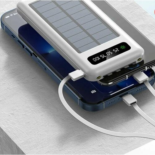 Powerbank на солнечной батарее Oarimon на 10000 мАч с индикацией с фонариком 4 встроенных кабеля Micro USB Type-C Lightning USB белый 2353₽