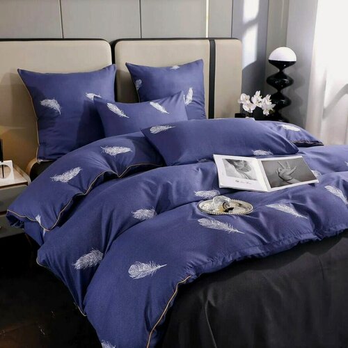 Изображение товара Комплект постельного белья 2 спальный, Хлопок, Перья на темно-синем