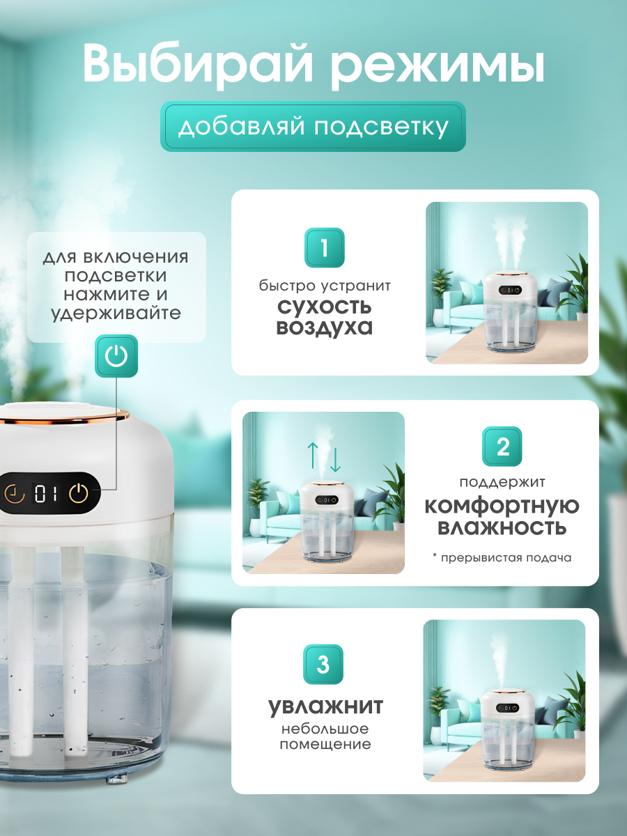 Увлажнитель воздуха Navisa Bora дома с аромадиффузором и подсветкой, 3 режима, 4,5 л. — фото 1
